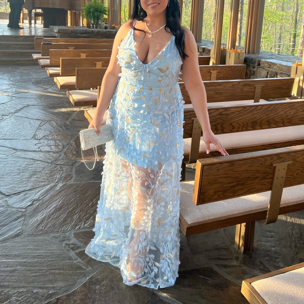 V Neck Blue Petal Embroidered Illusion Dress